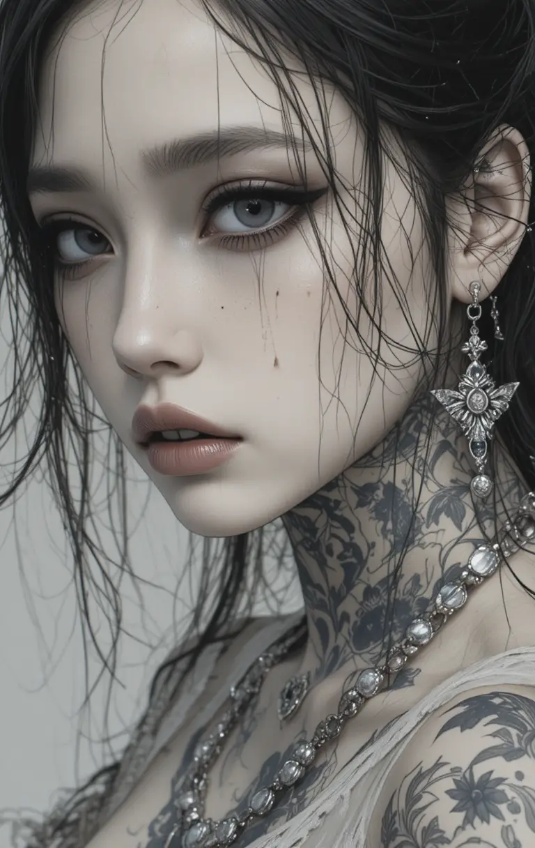 Ragazza tatuata triste che piange lacrime nere in un disegno fantasy
