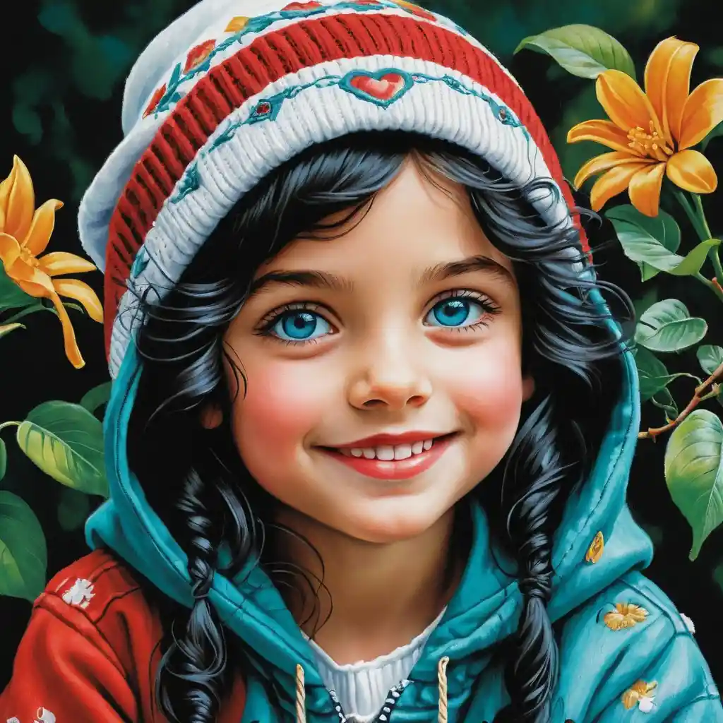 Smiling girl with long curly hair in teal hoodie