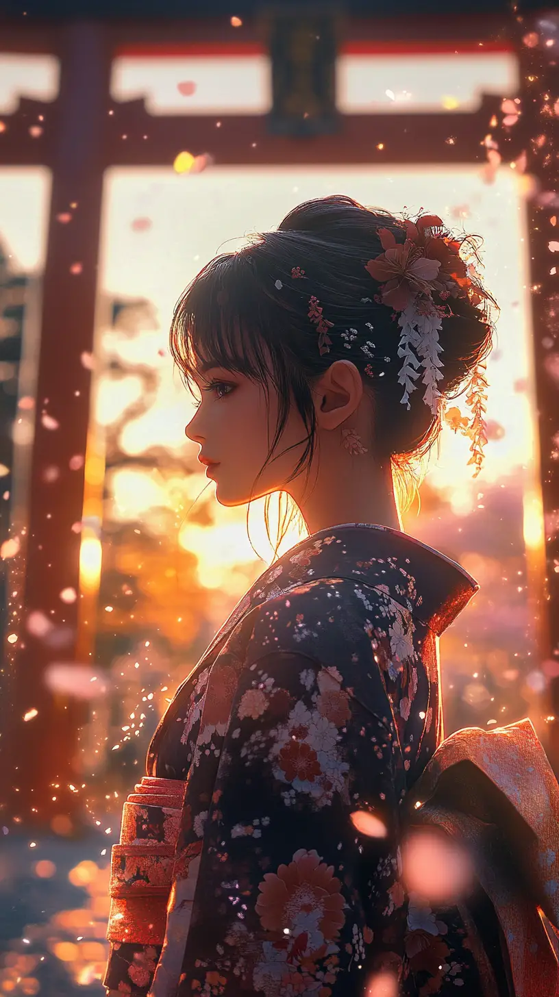 Anime-Frau im Kimono am Torii-Tor in der Dämmerung