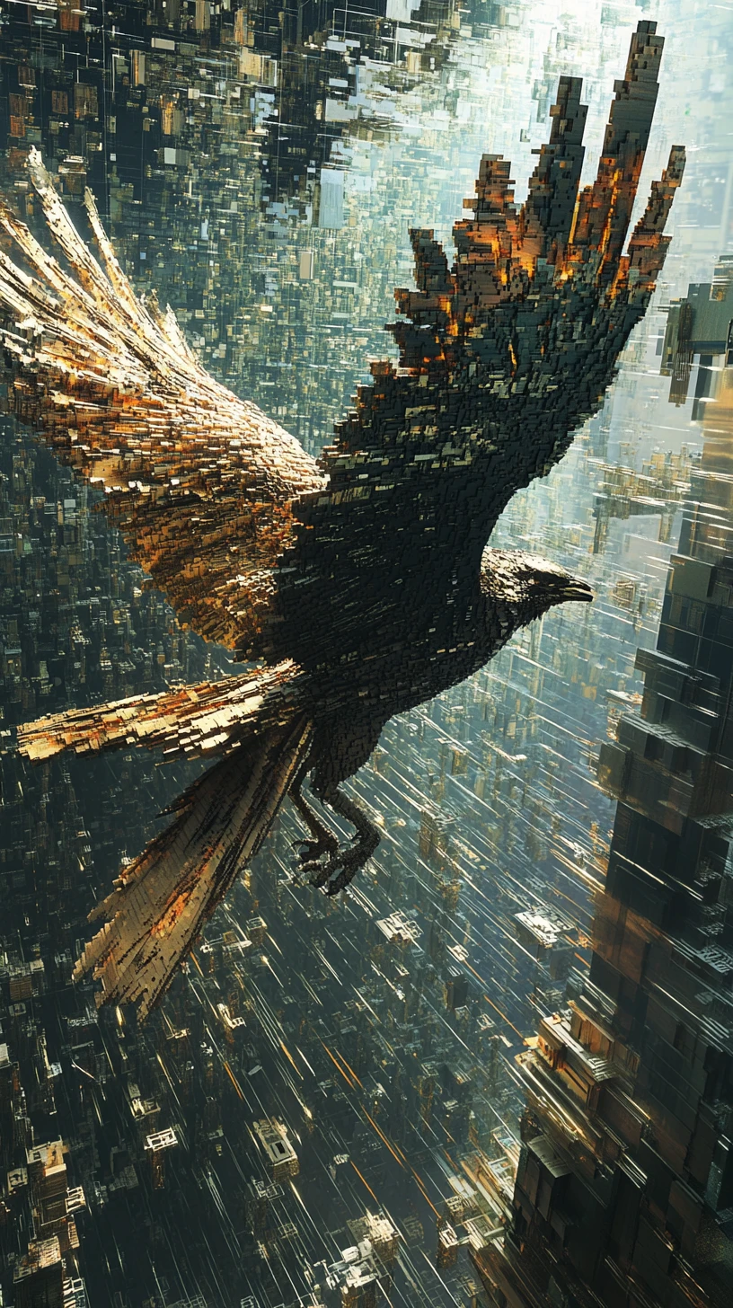 Dynamic wide angle view of a bird in digital space