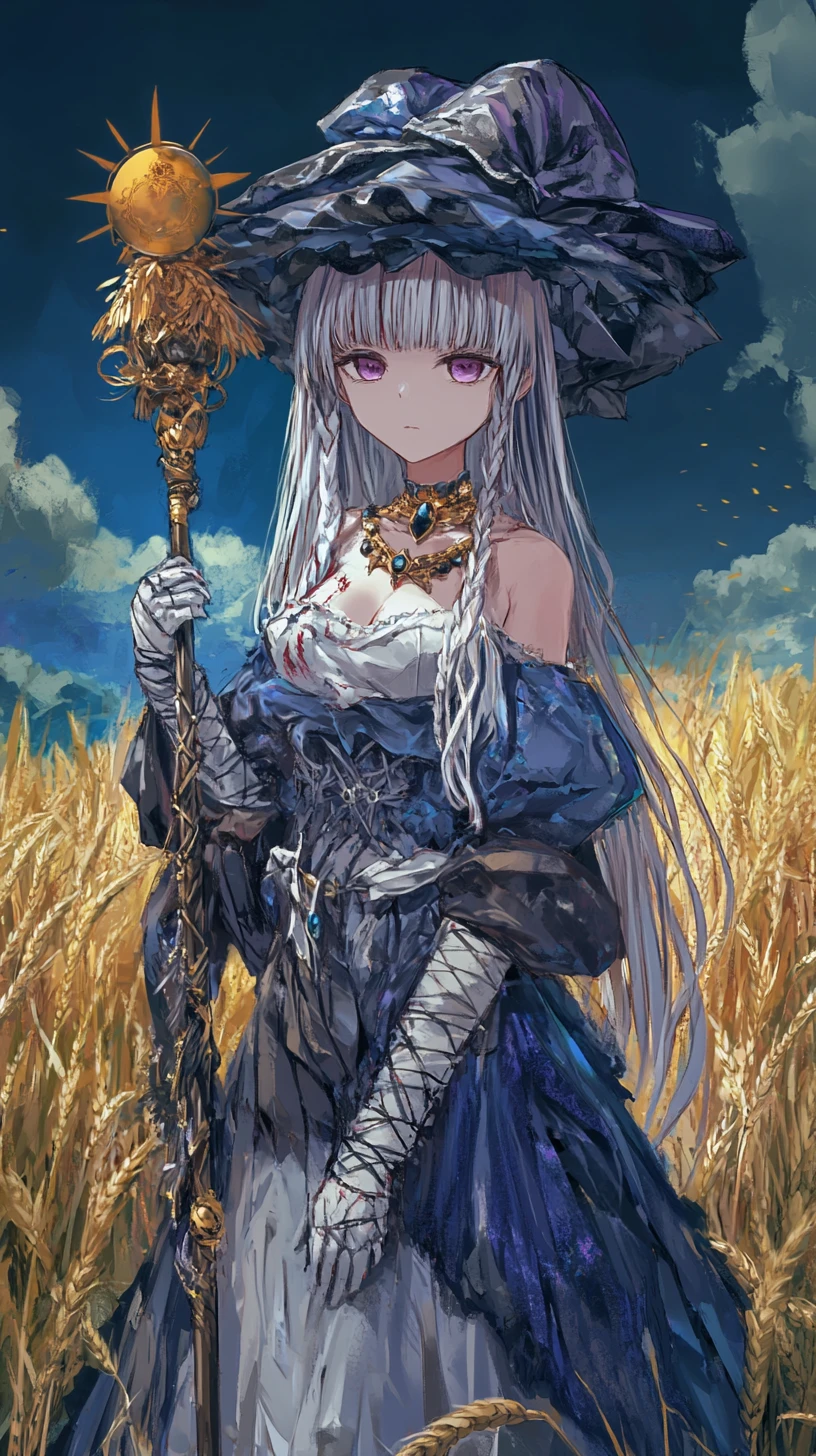 Chica de anime en camino de piedra antiguo en campo de trigo dorado