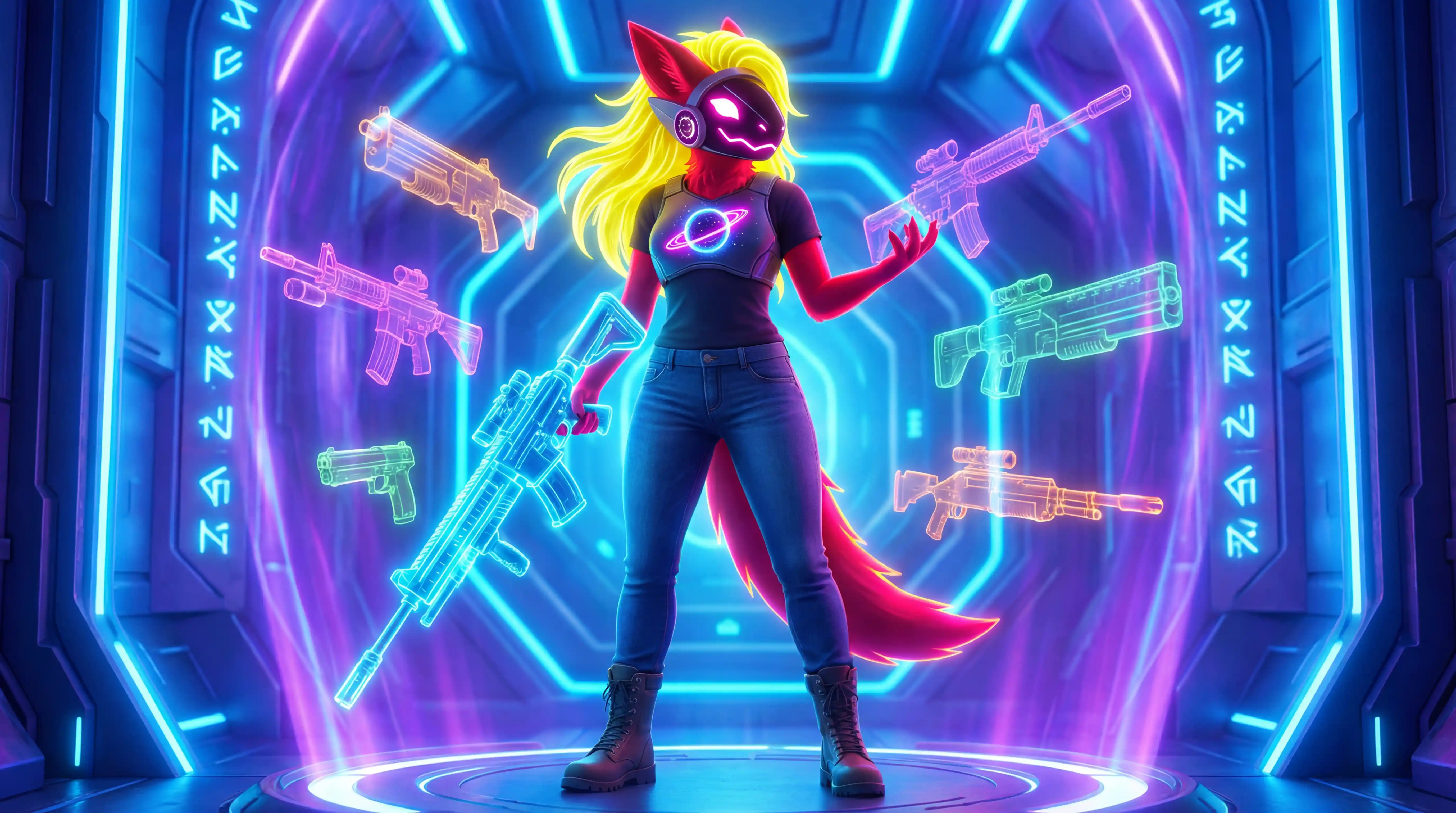 Neon red cyber woman with glowing eyes in cosmic armor
