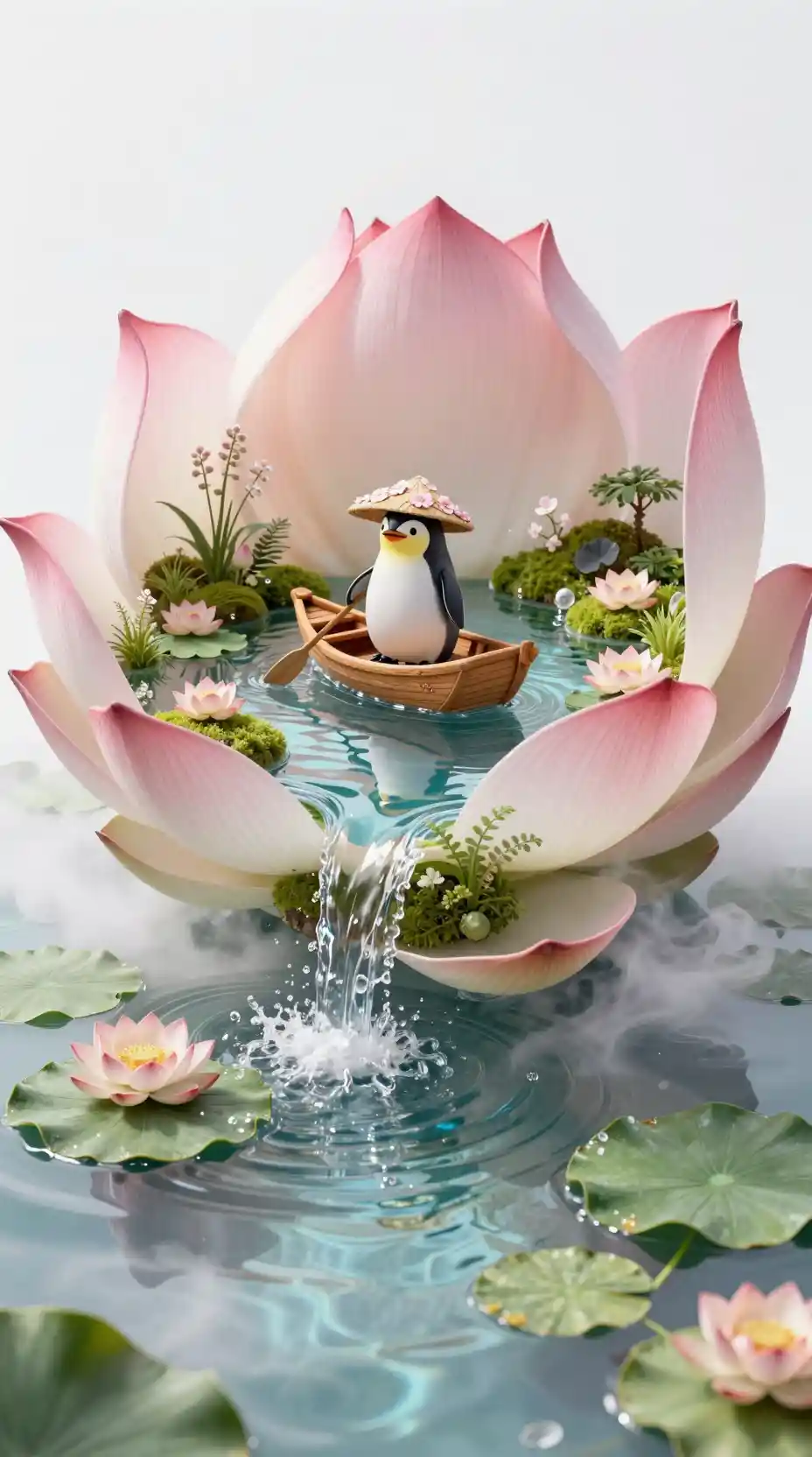 Tiny penguin rowing a boat inside a lotus sanctuary