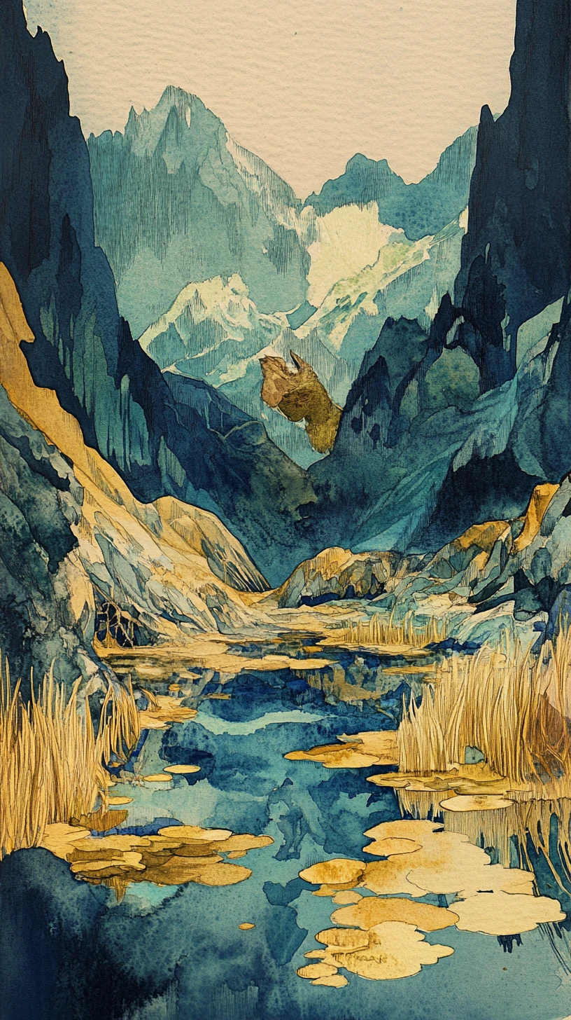 Paisaje de montaña en acuarela con arroyo, juncos y marmota