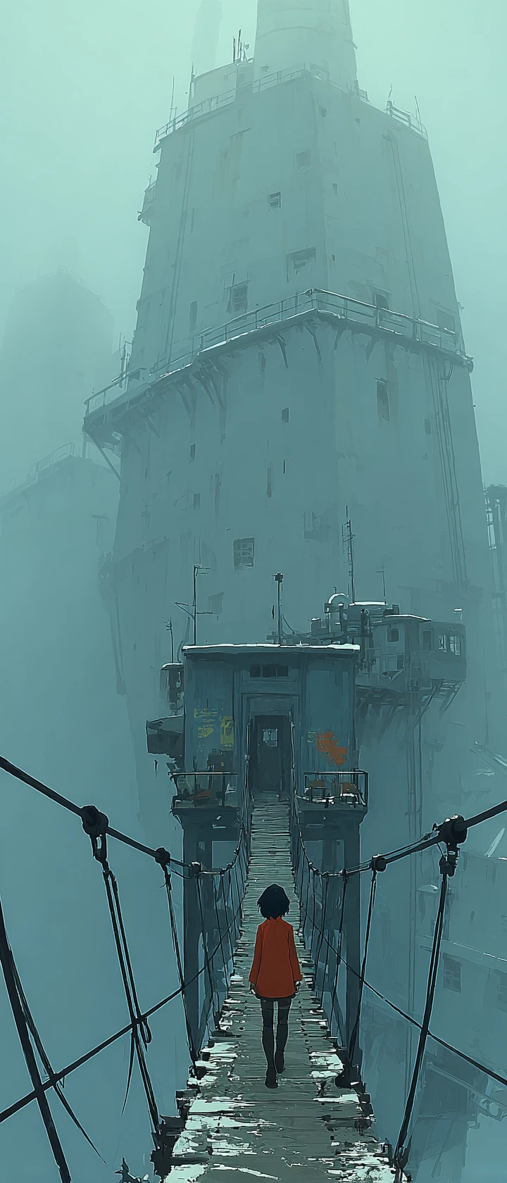 Lonely anime child on a narrow bridge between factory towers