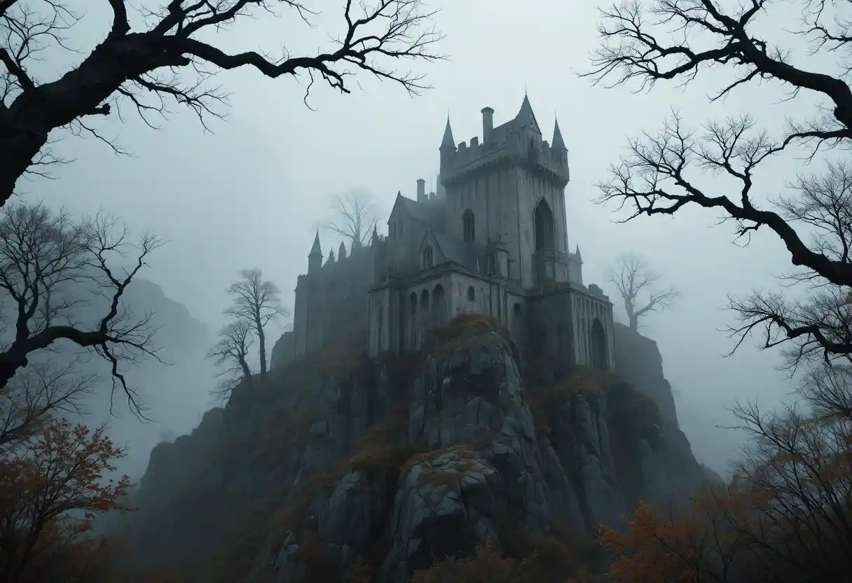 Moody Medieval Castle Ruins On A Foggy Rocky Cliff