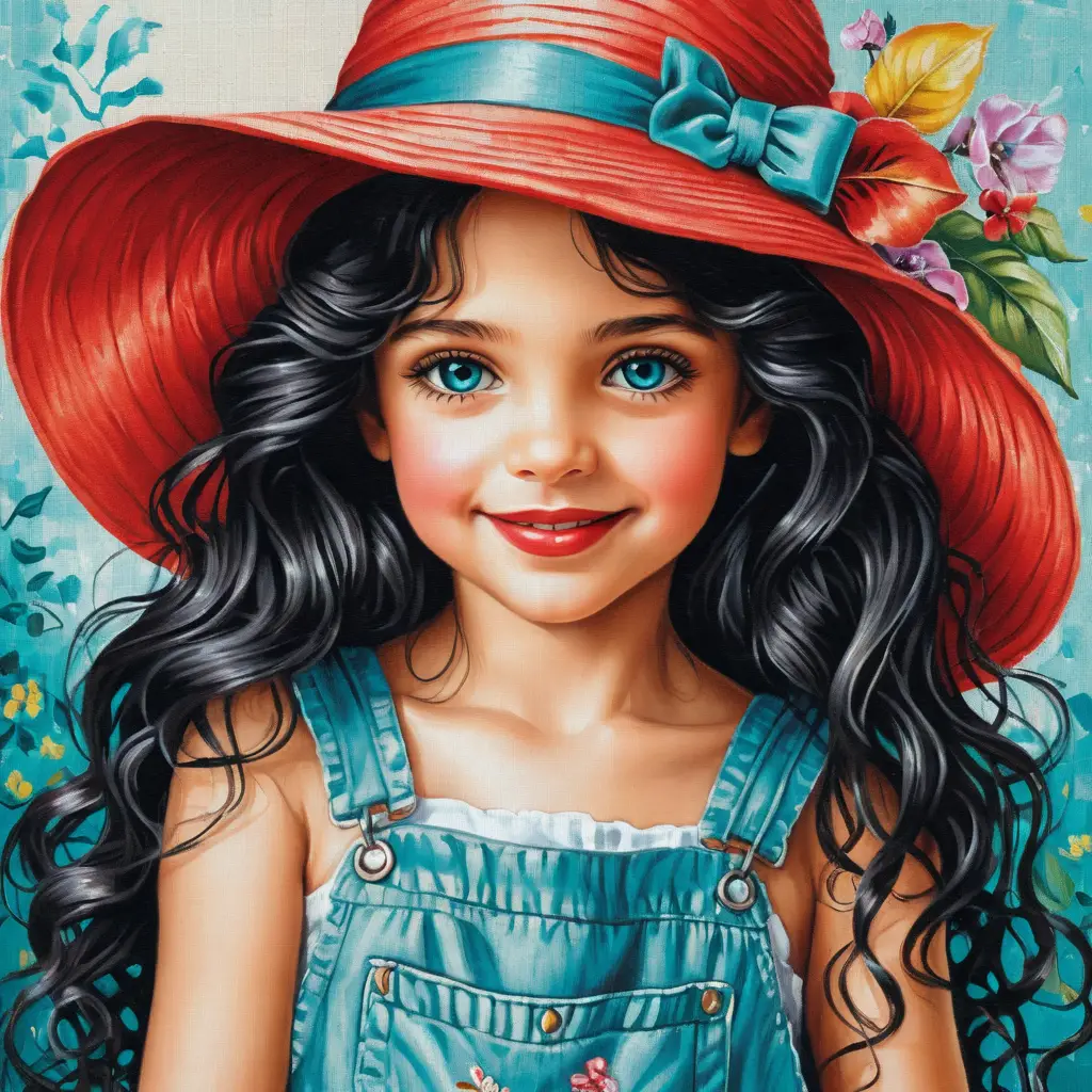 Chica sonriente con sombrero de verano y largo cabello negro rizado