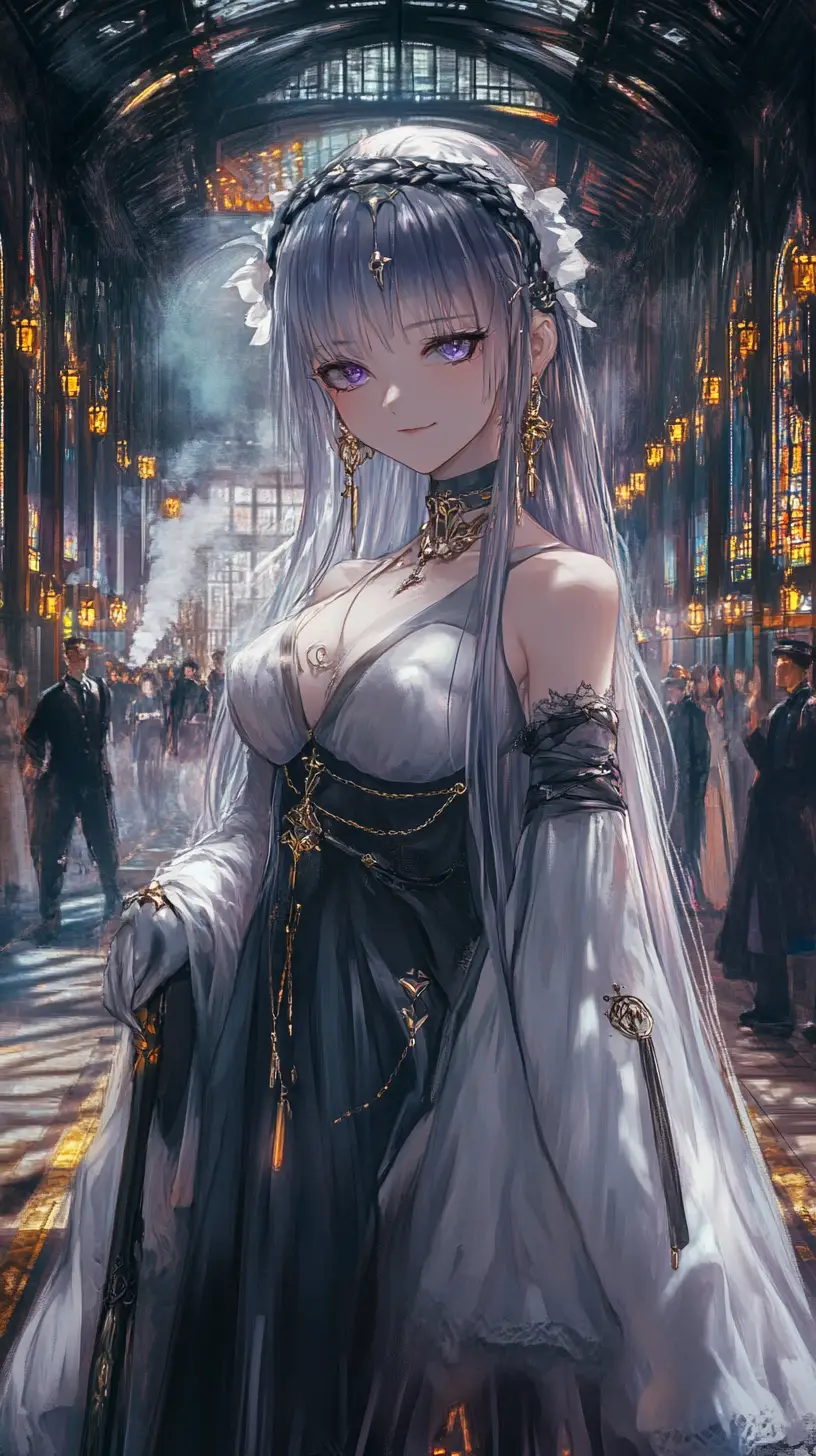 Ghostly anime girl in silver dress at misty station