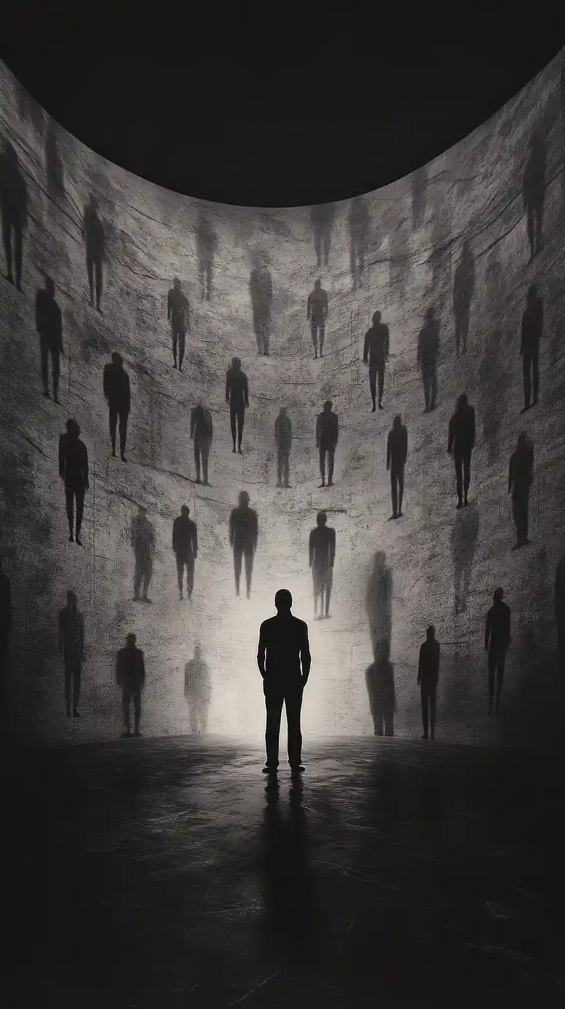 Illuminated figure in vast chamber of ghostly silhouettes