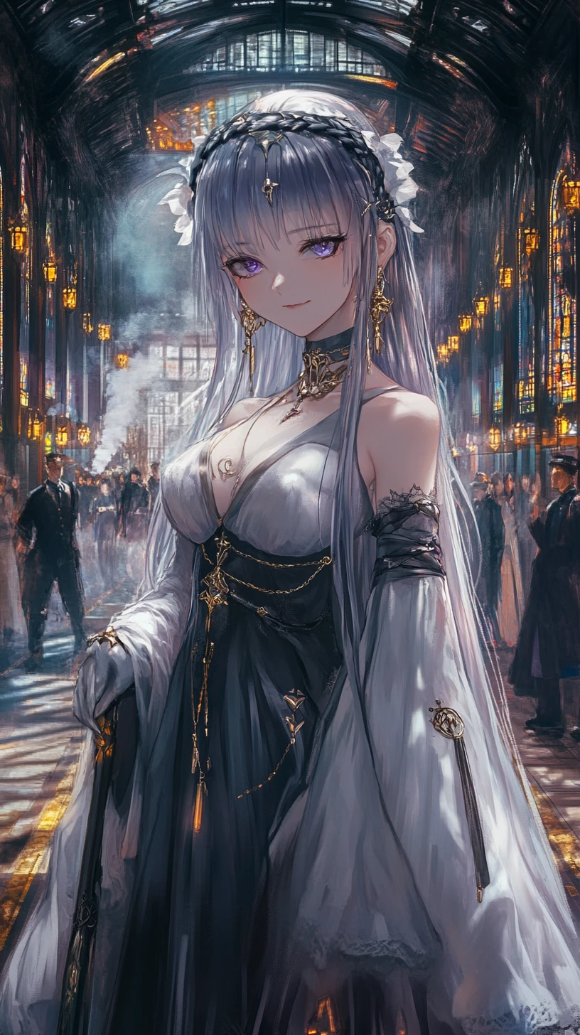 Ghostly anime girl in silver dress at misty station