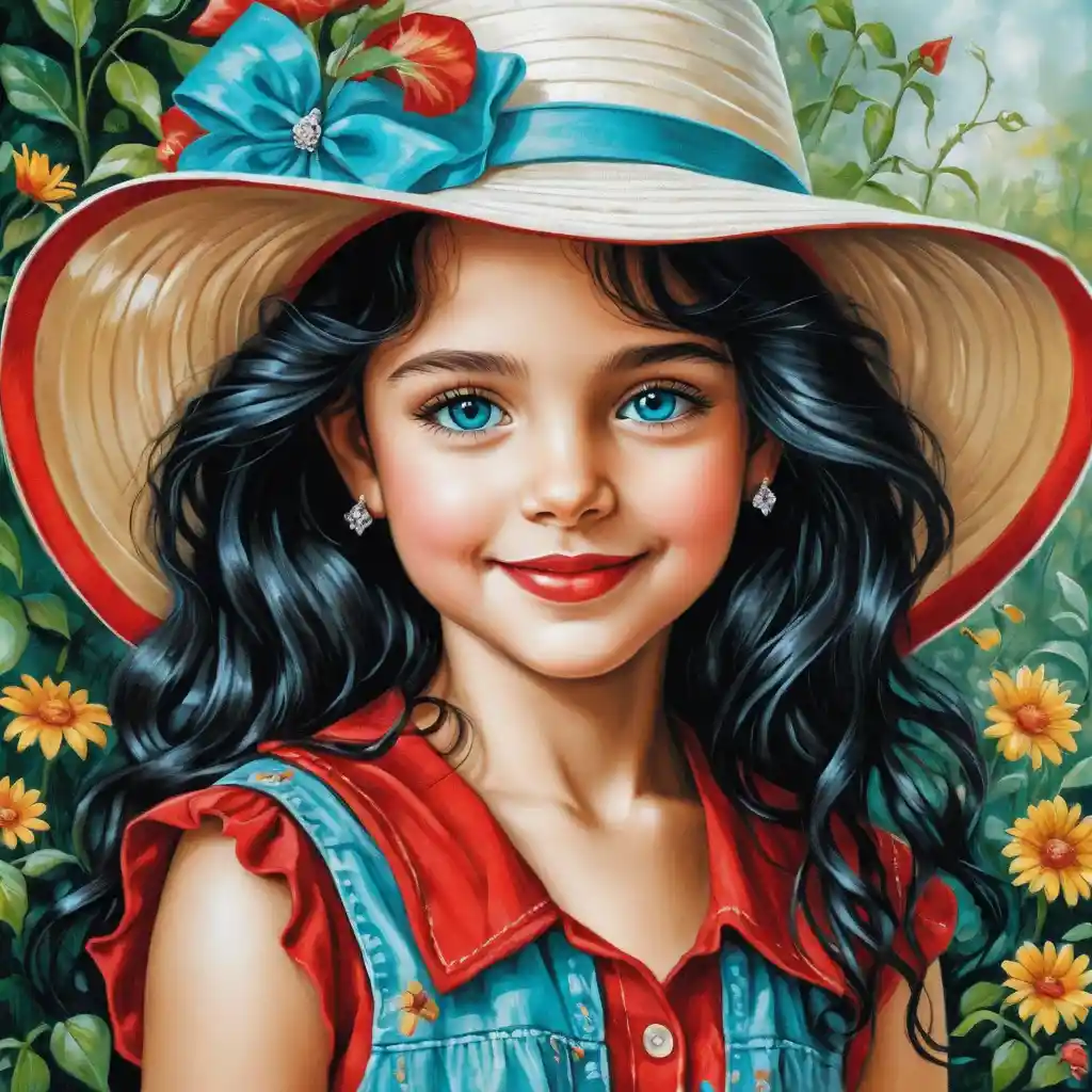 Smiling girl in summer hat with teal shirt and jeans