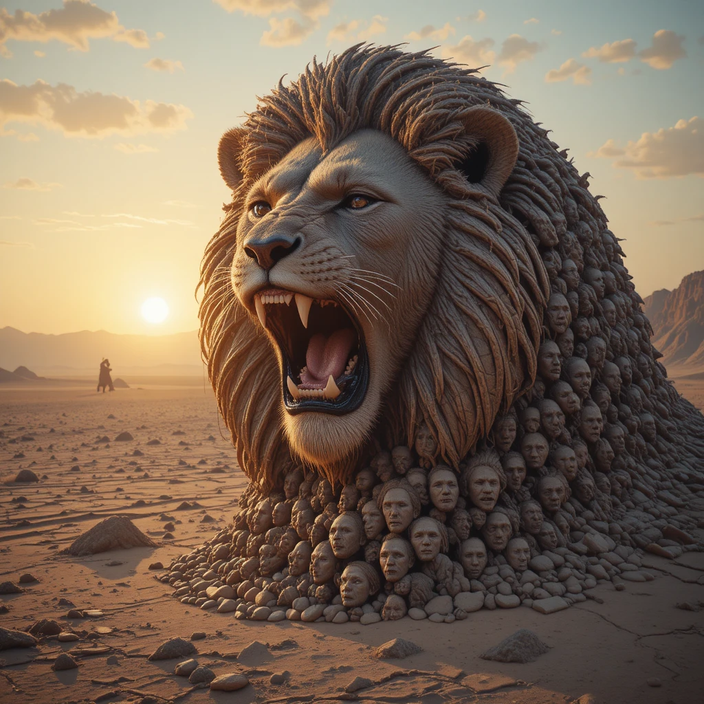 Majestic lion head formed by many roaring lion faces