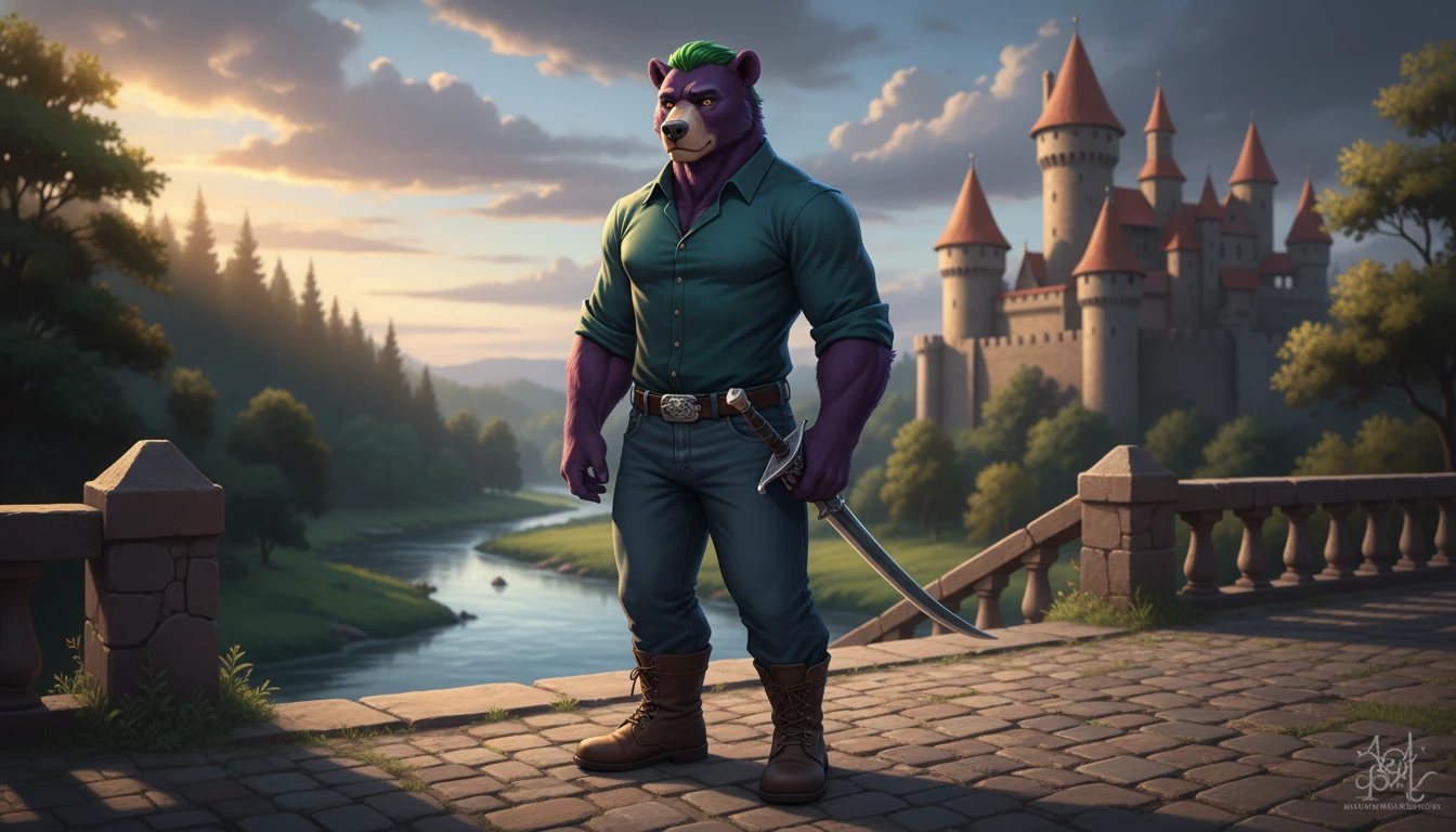 Anthro Purple Bear Warrior With Green Hair And Sword