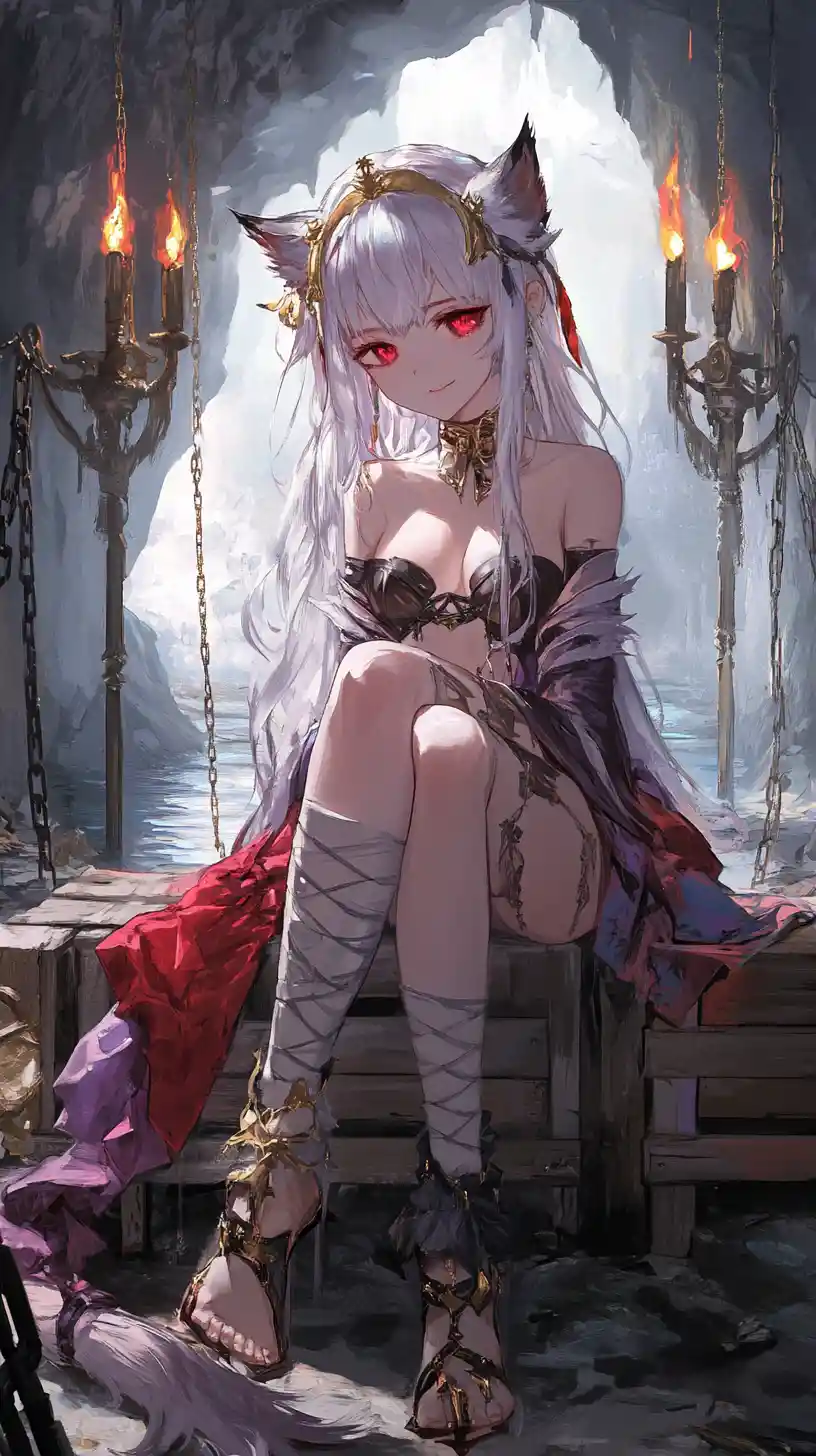 Anime girl in a white cave lit by wall torches