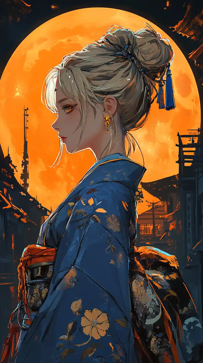 Anime girl in blue kimono before a glowing orange moon