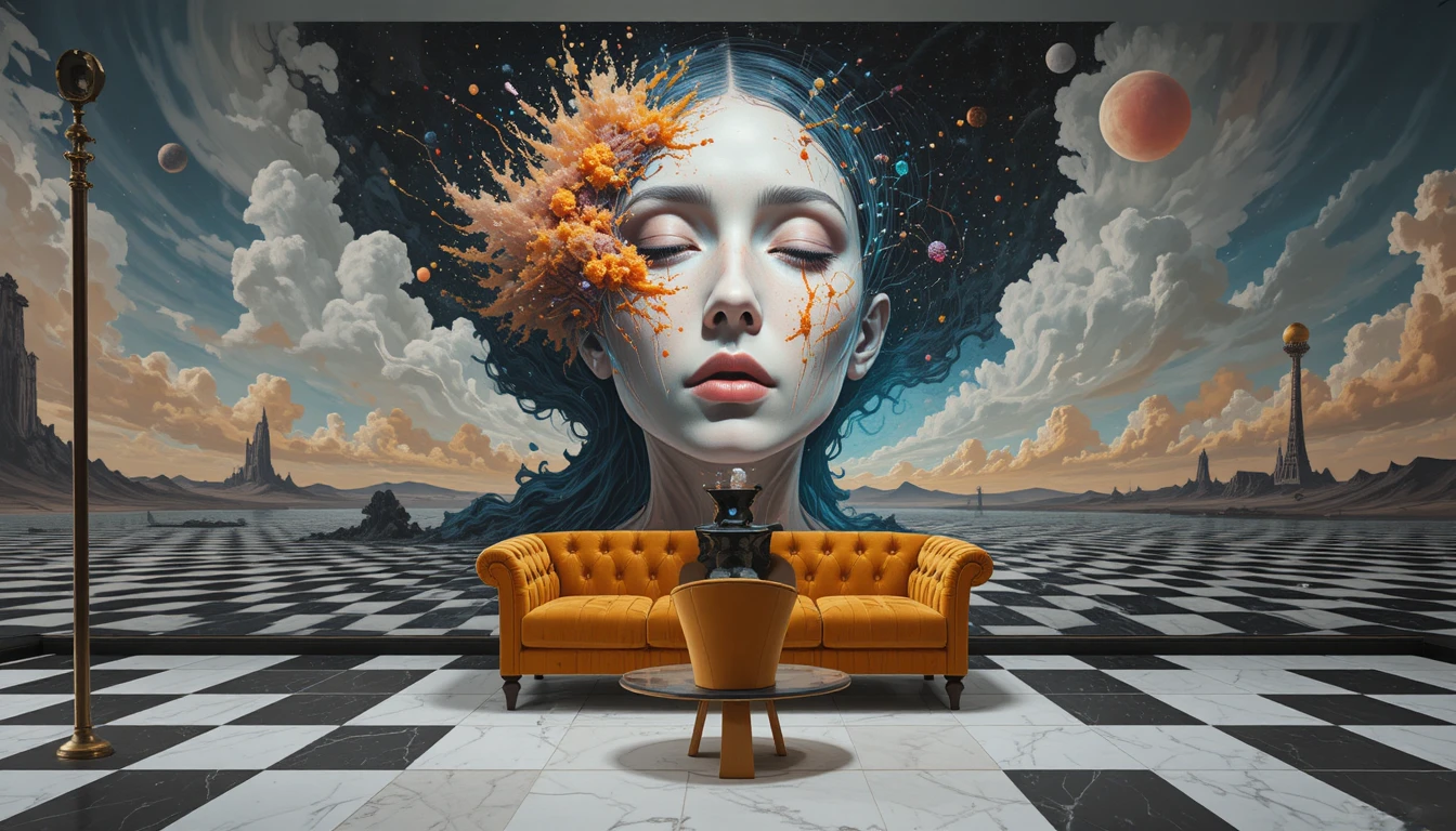 Surreal female portrait with tear in abstract gray space