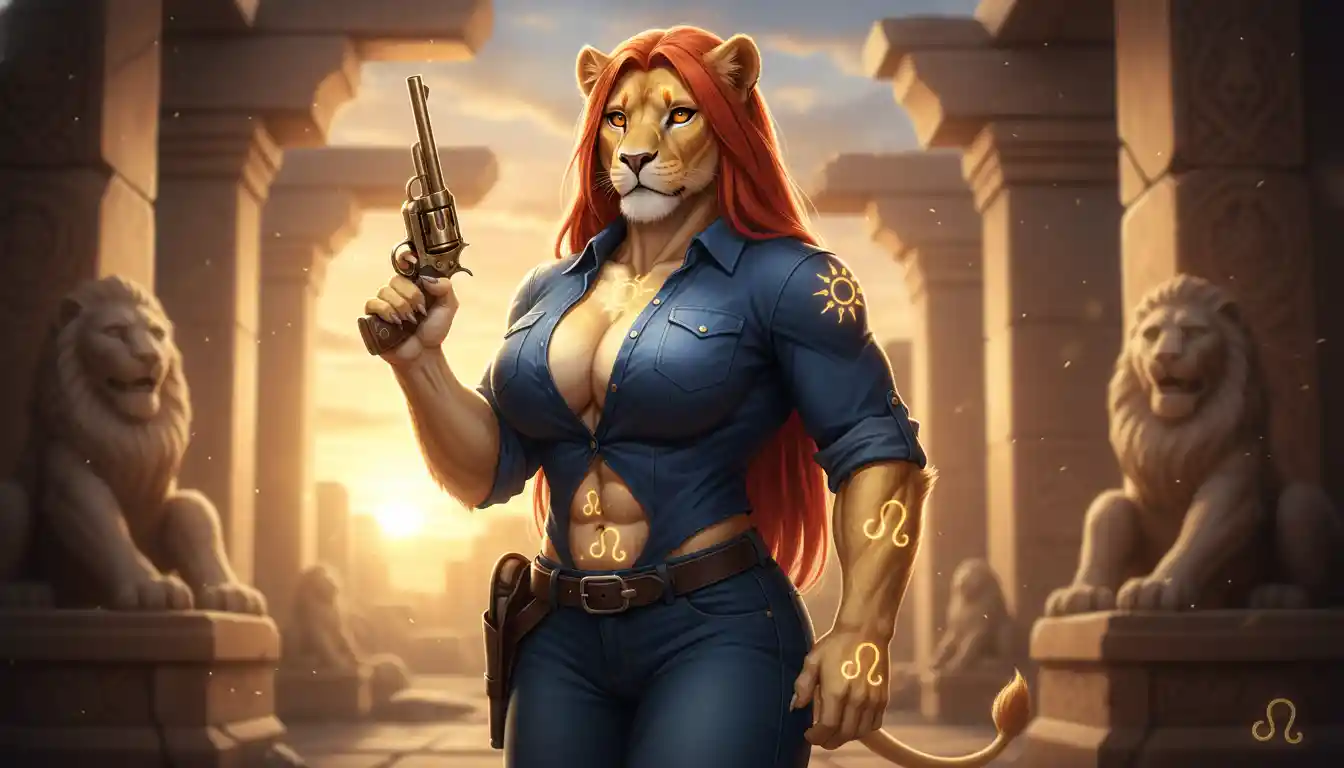 Anthro lion woman with red hair in shirt and jeans