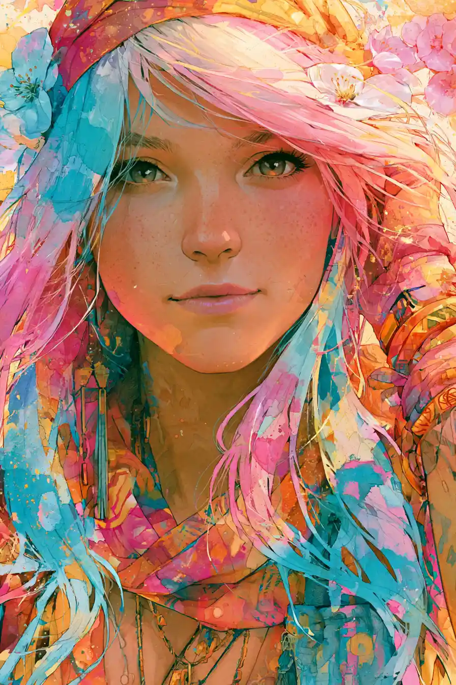 Watercolor portrait of a radiant woman in urban summer light