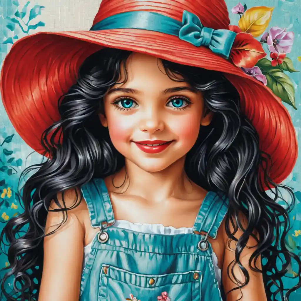 Smiling girl in summer hat with long curly black hair
