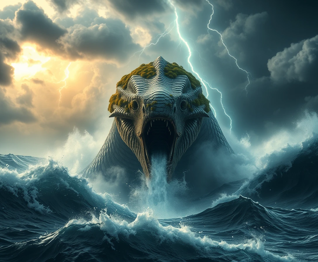 Colossal sea serpent rising from storm lashed ocean