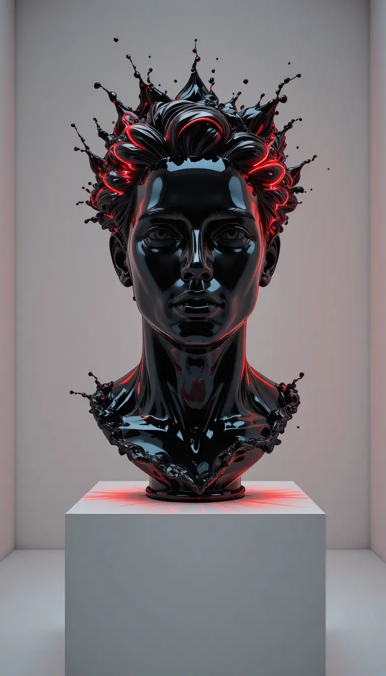 Futuristic Liquid Black Bust With Red Neon Glow