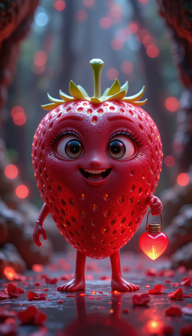 Cute 3D strawberry character in a glowing wellness scene