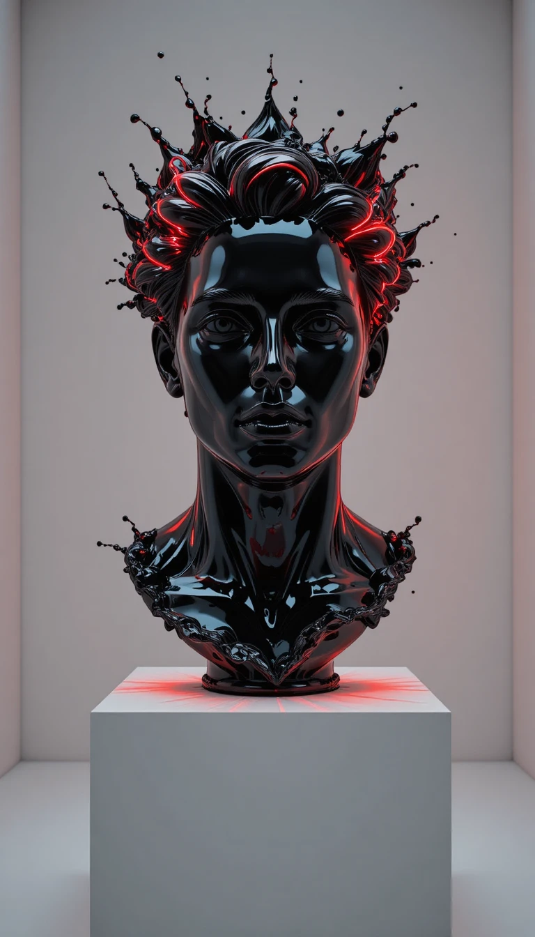 Futuristic Liquid Black Bust With Red Neon Glow