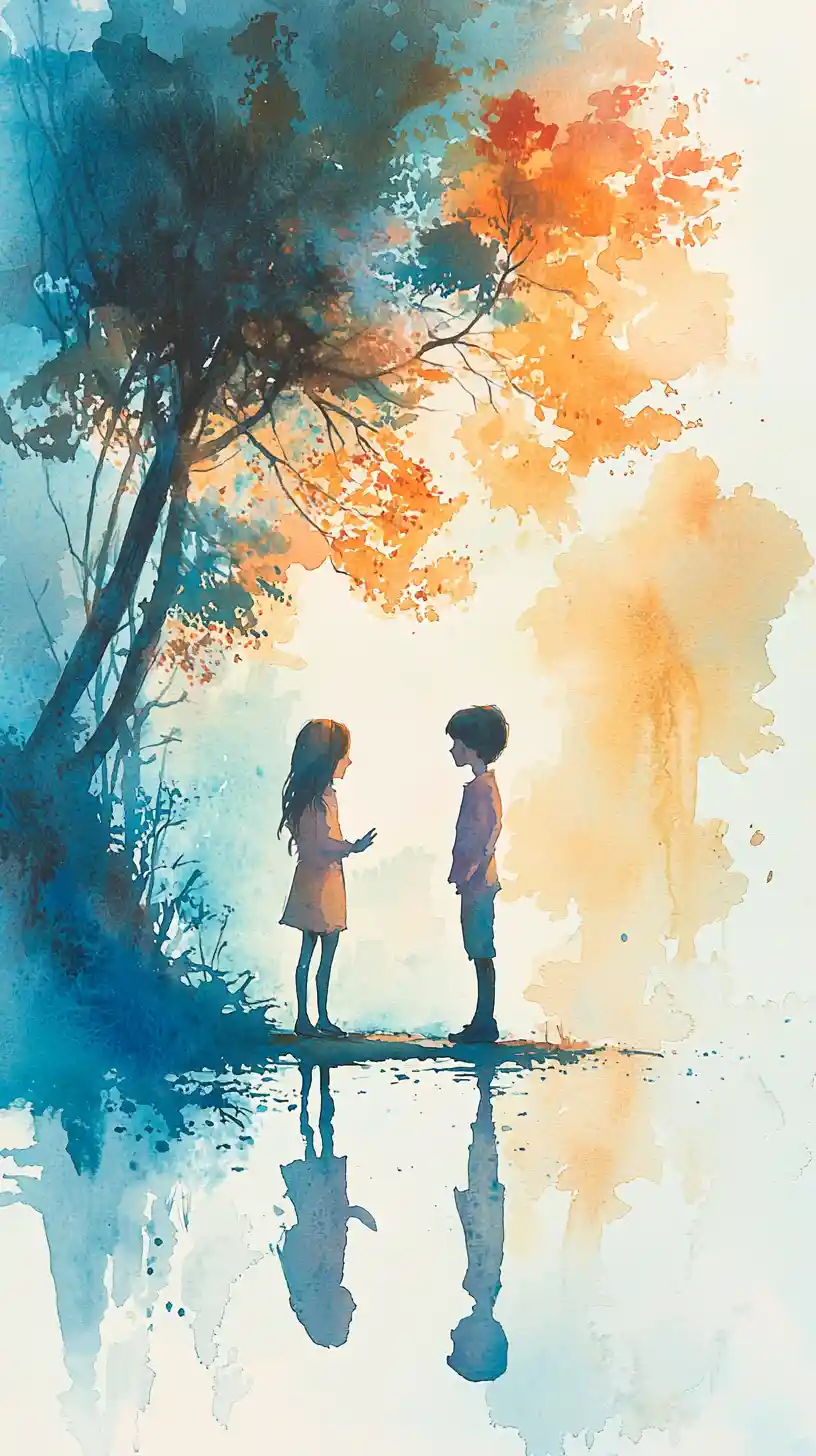 Soft watercolor illustration of two children in quiet conversation