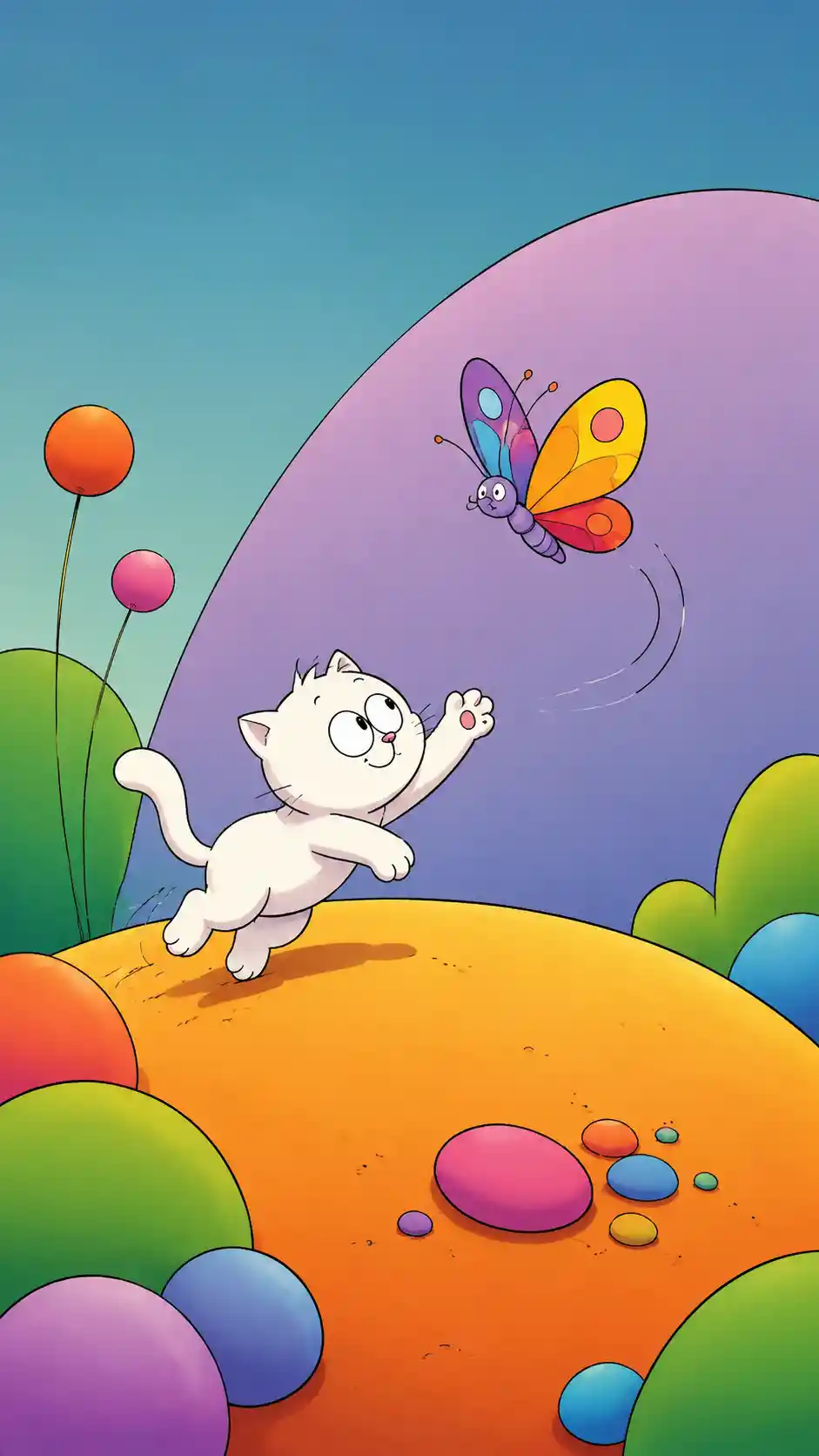 Playful cartoon cat watching a colorful butterfly