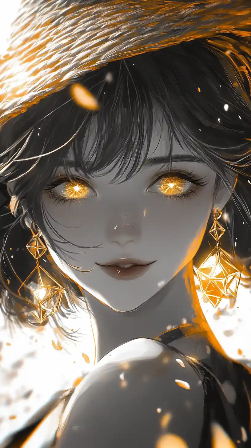 Anime girl winking in close up with glowing golden eye