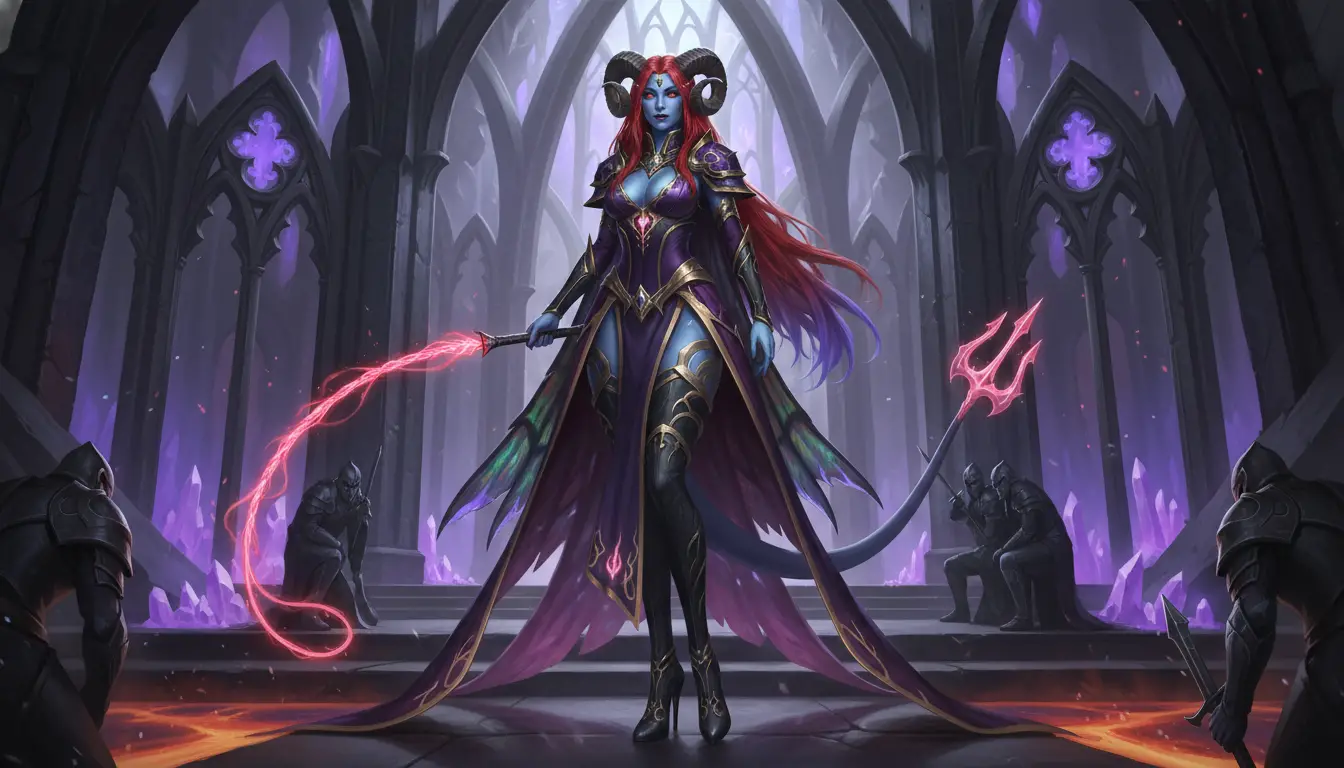 Tall blue skinned succubus queen in regal demonic attire