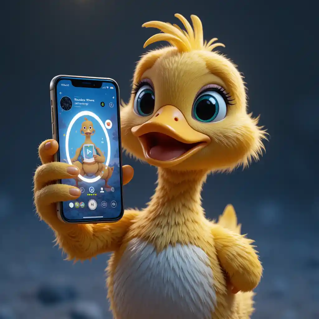 Cute duck taking a selfie with a smartphone