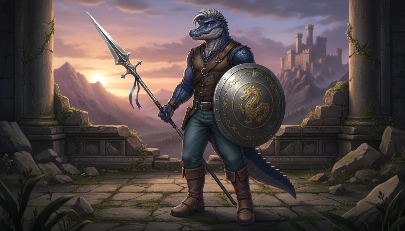 Blue anthro alligator warrior in casual modern clothing