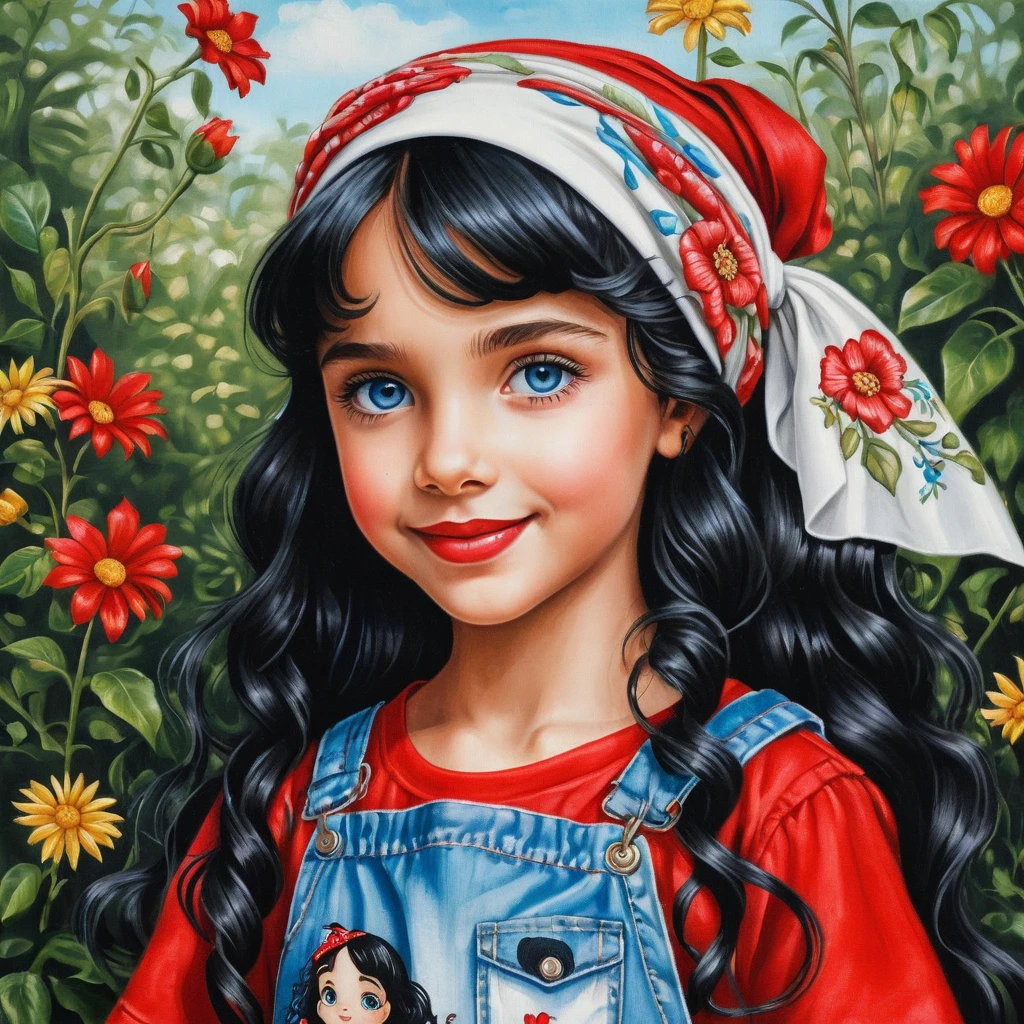 Smiling girl in red shirt and patched white jeans drawing