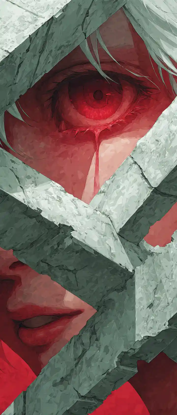 Abstract anime face shattered into glass and iron shards