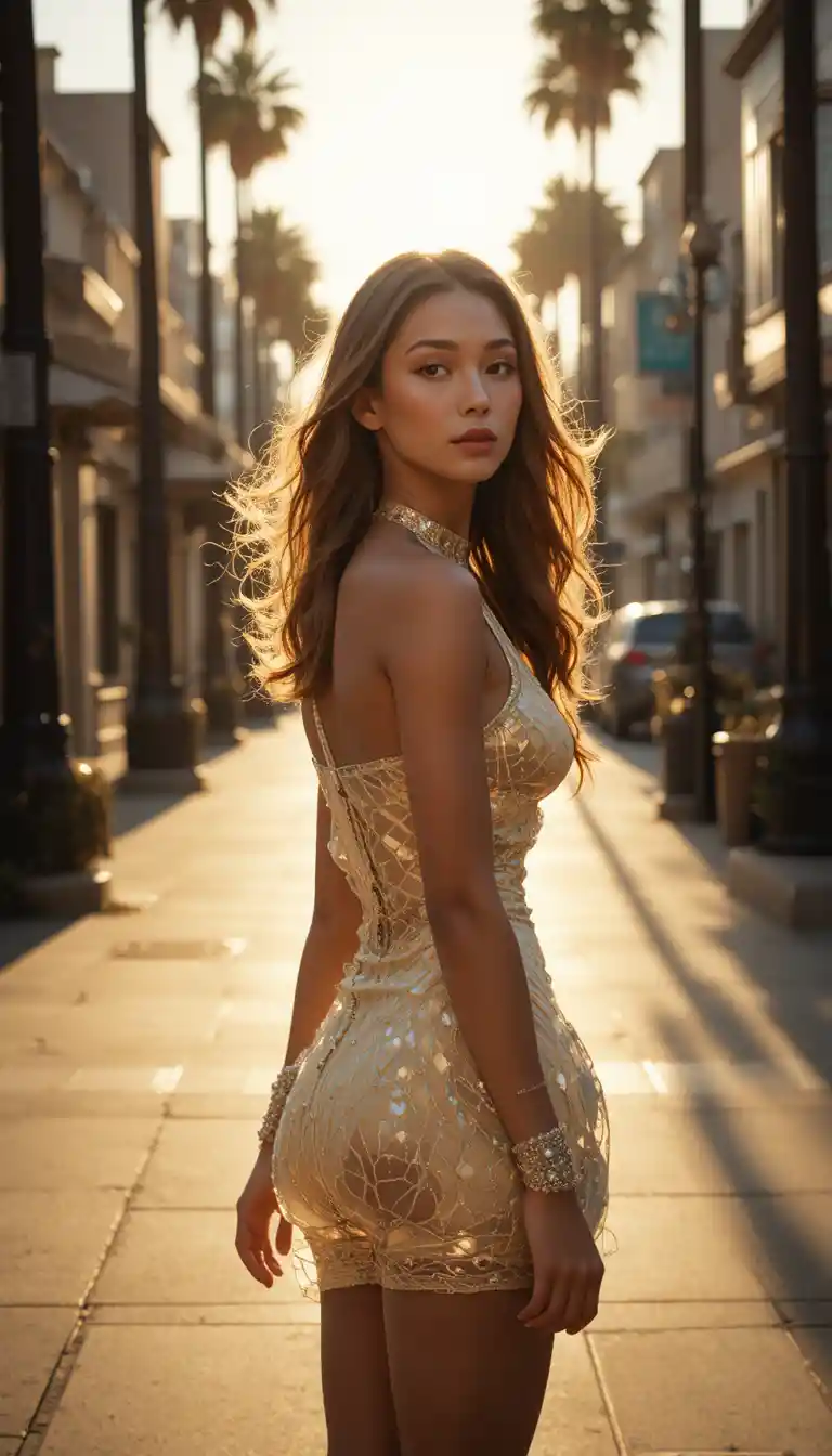 Athletic woman walking through sunlit Los Angeles street