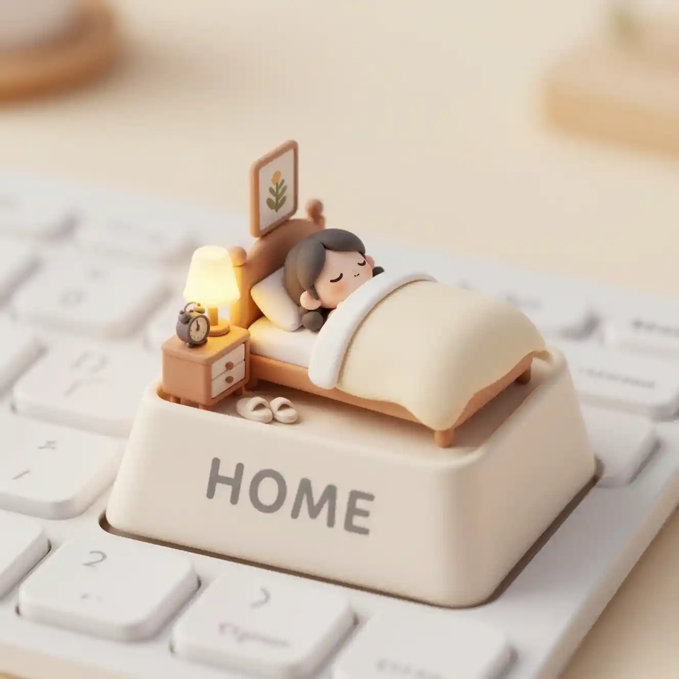 Miniature bedroom inside a keyboard key with sleeping girl