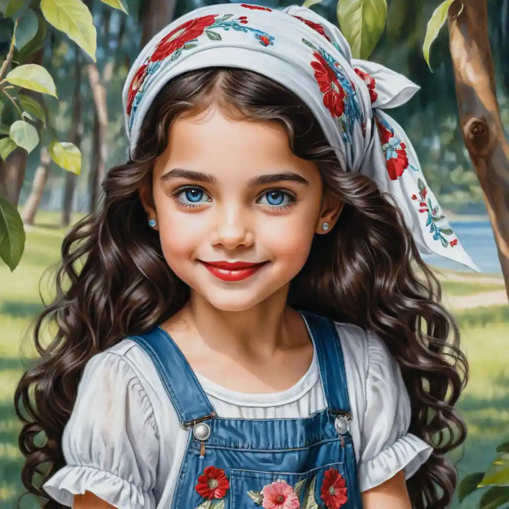 Smiling Little Girl In Headscarf And Colorful Patched White Jeans
