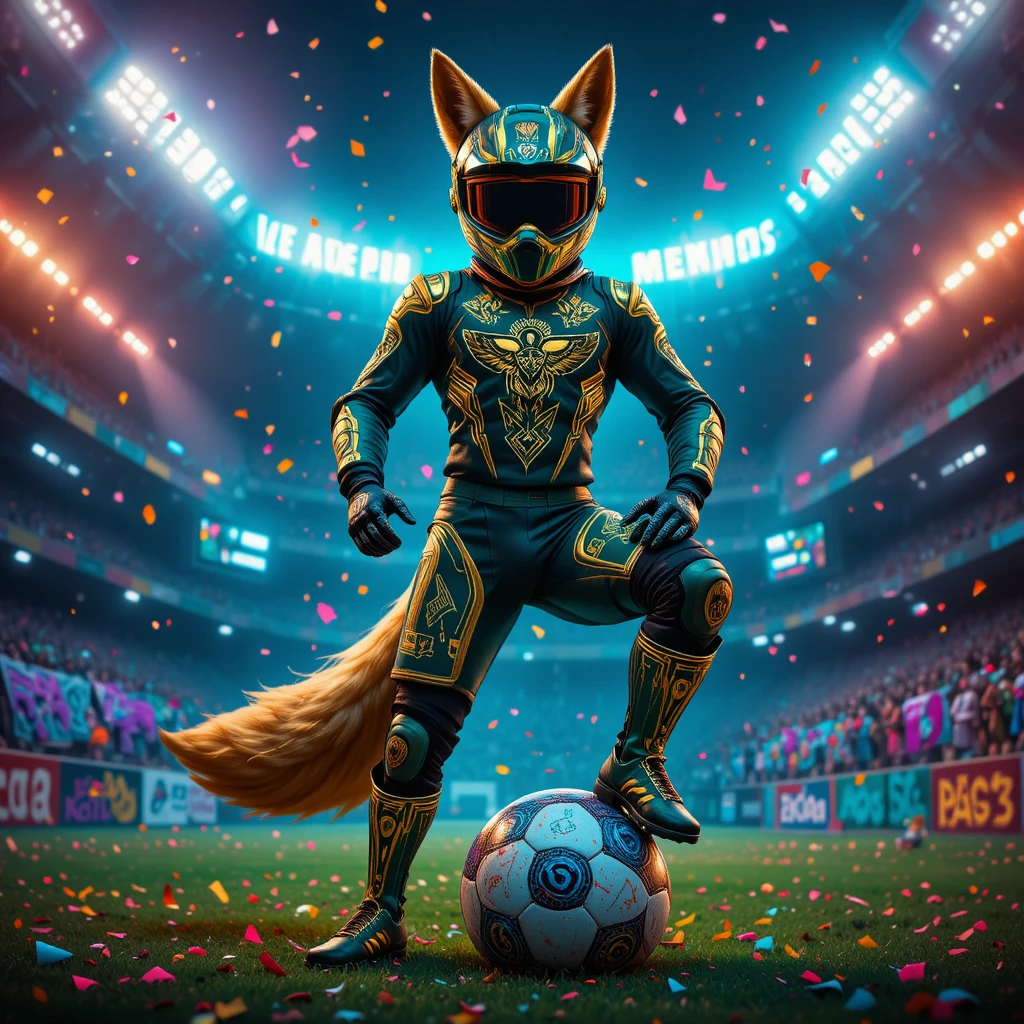Anthropomorphic Fox In Motocross Gear On World Cup Soccer Ball