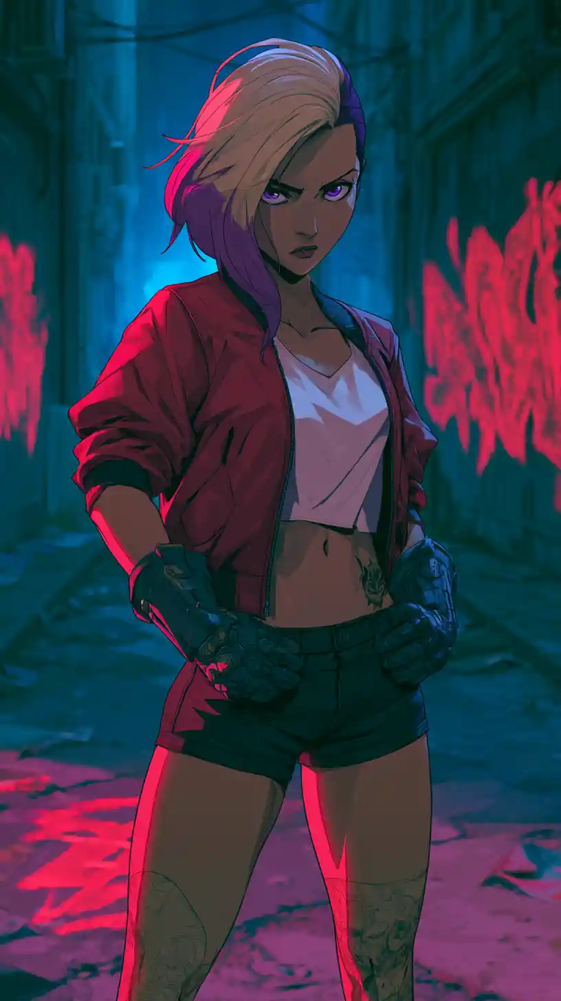 Rebellious anime woman on neon lit city street