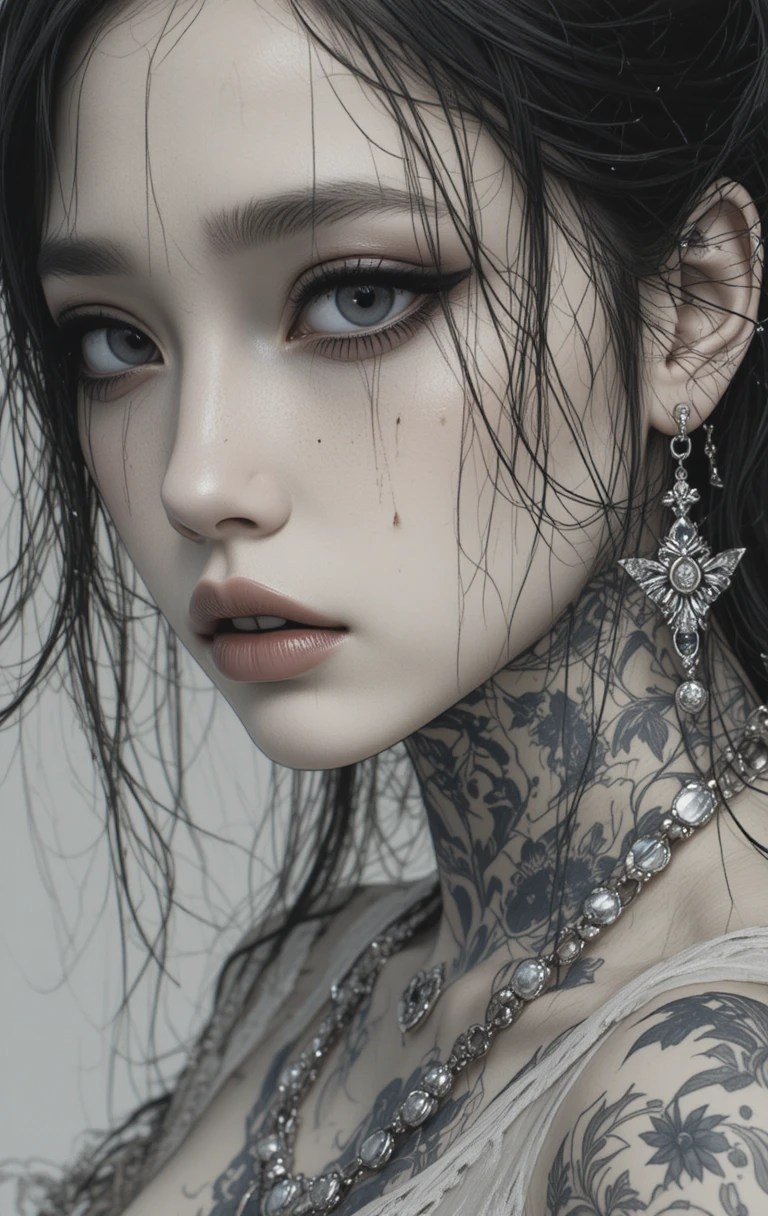 Sad tattooed girl crying black tears in fantasy drawing