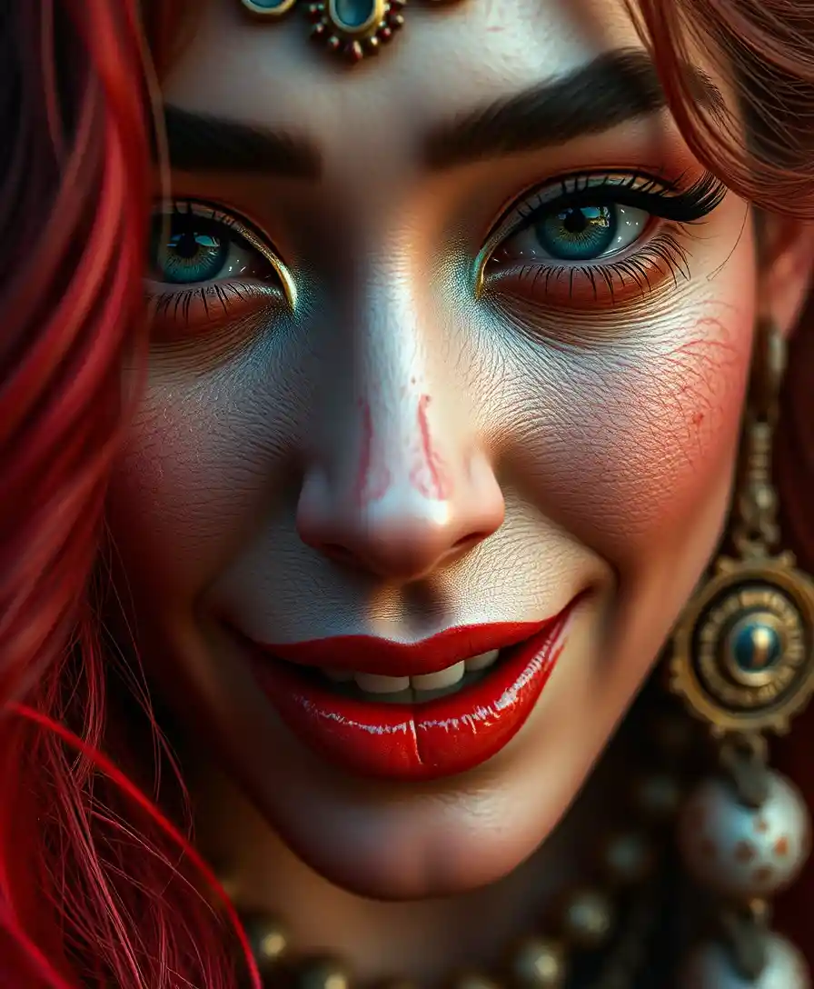 Surreal close up portrait of an eternally happy woman