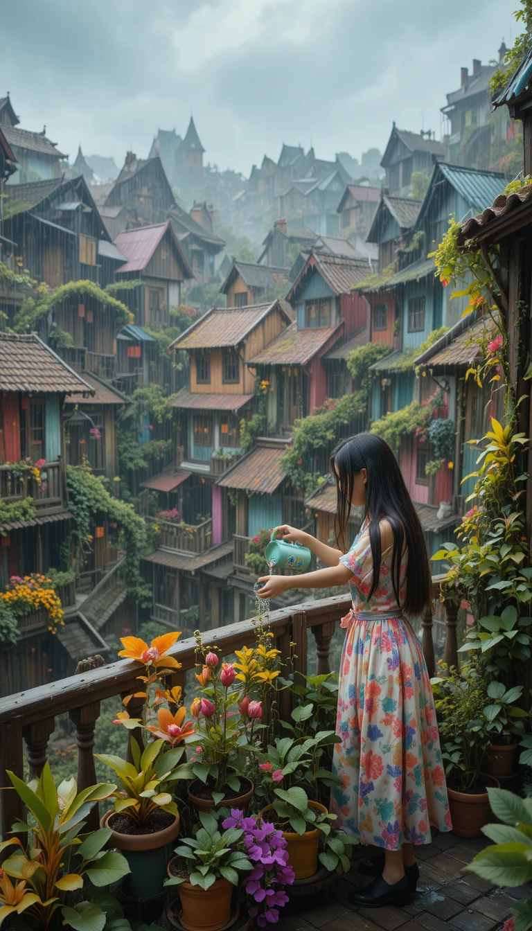 Girl watering a carnivorous plant on a windy balcony