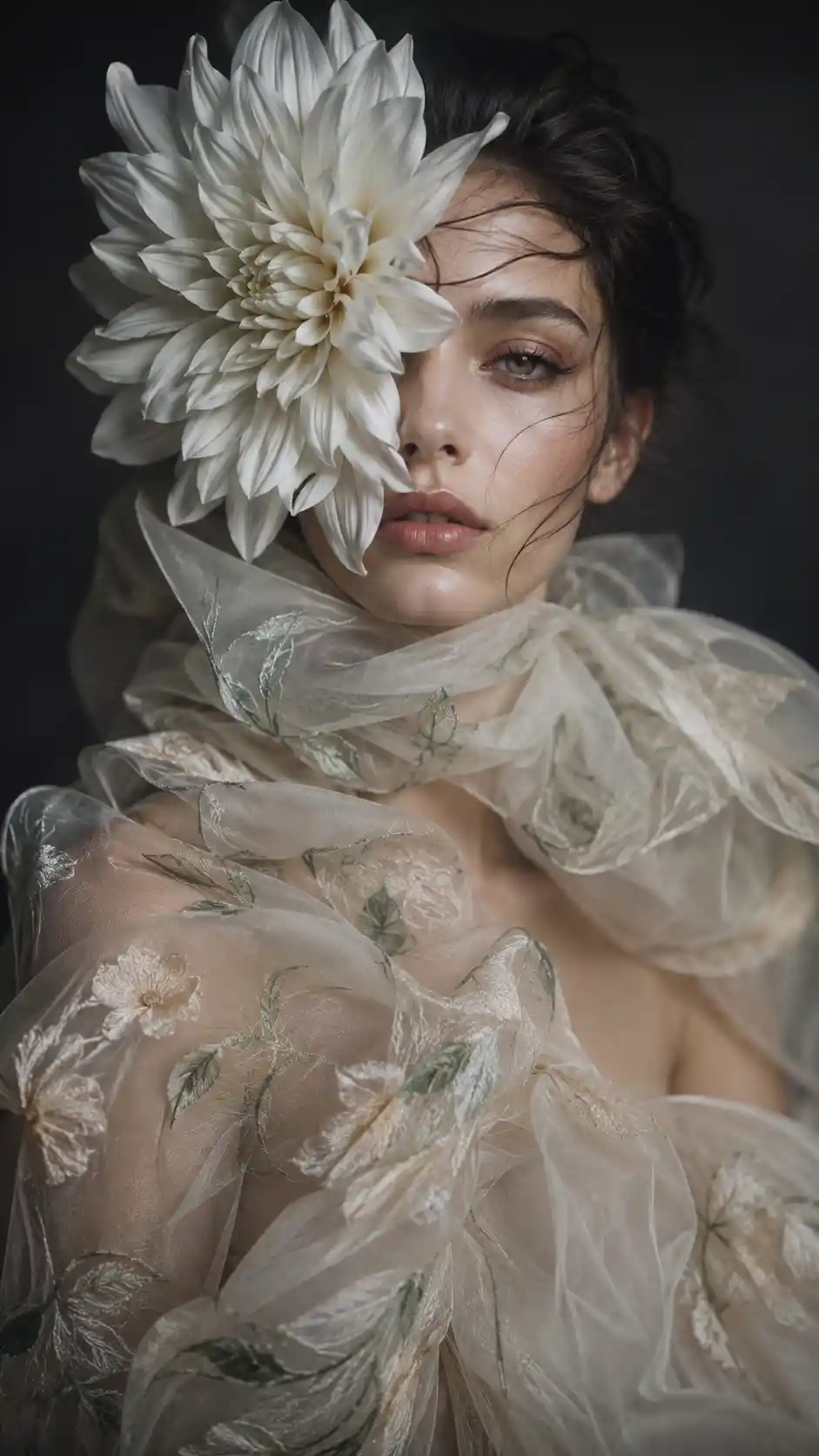 Retrato fine art de mujer con dalia blanca y seda floral