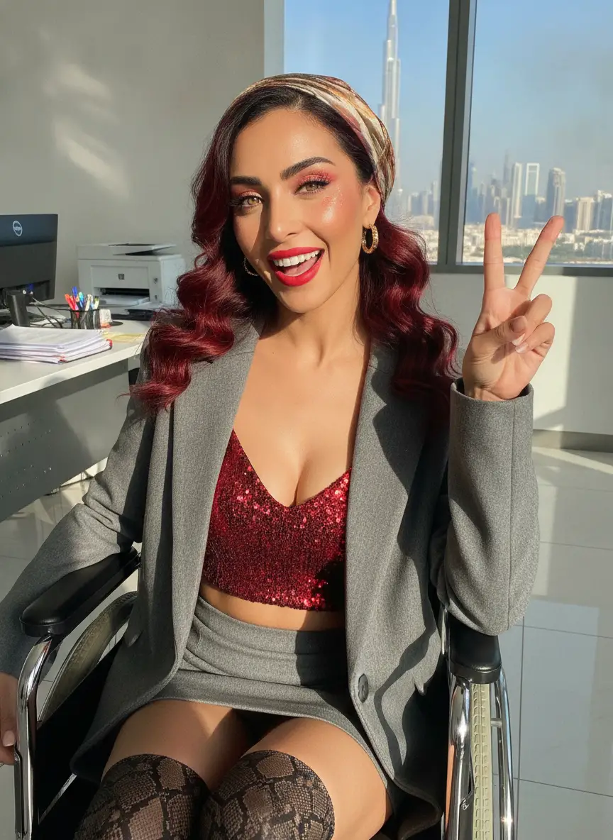 Smiling woman in office outfit sitting in a wheelchair