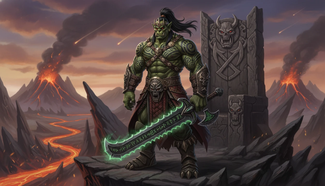 Primordial orc king with crimson eyes and royal tattoos
