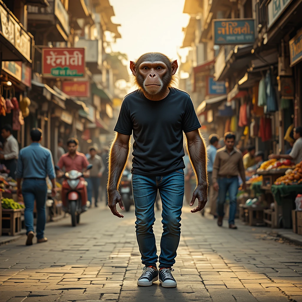 Anthropomorphic Monkey Walking Through Indian Street Market