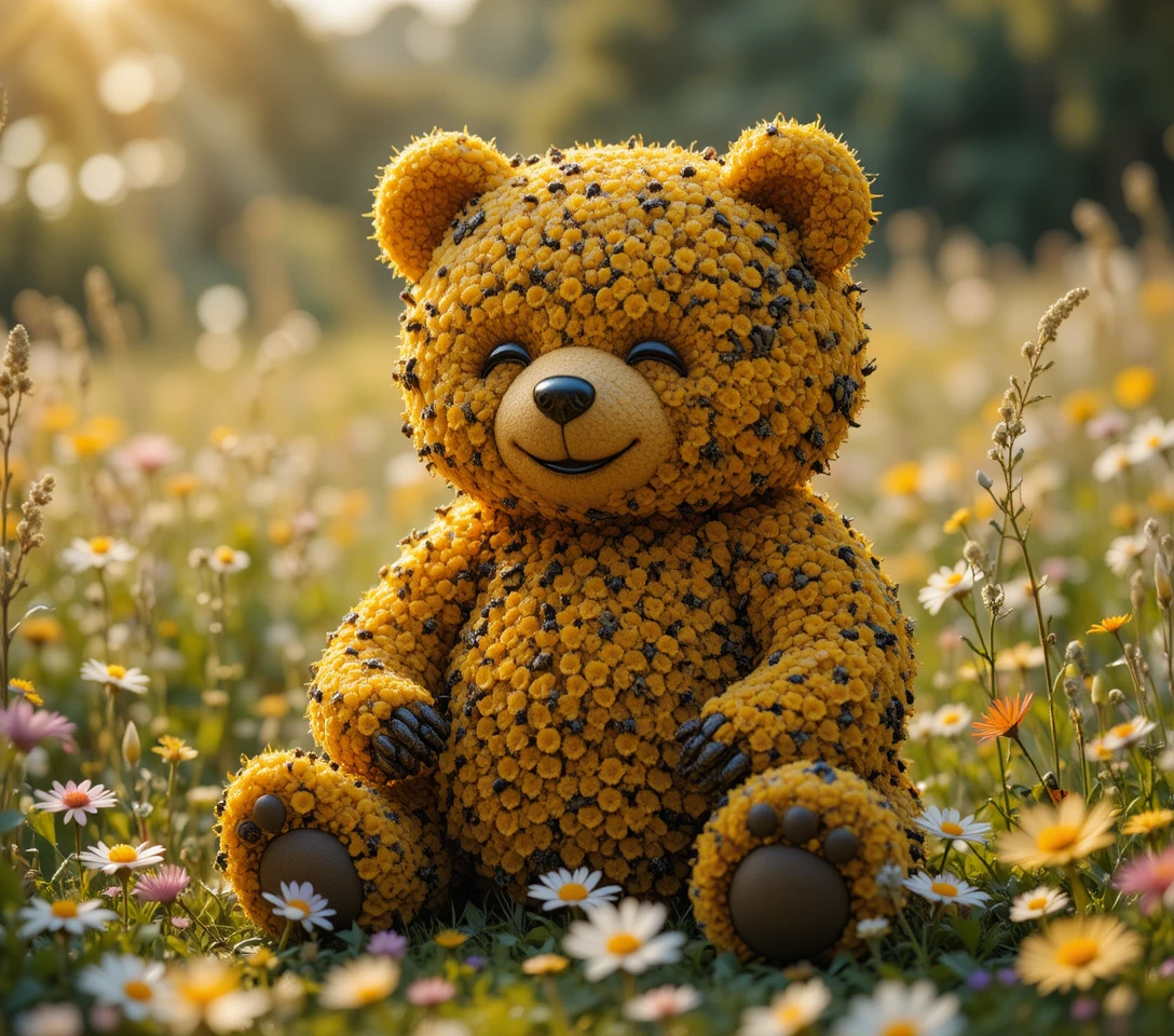 Adorable bee bear resting in a sunny wildflower meadow