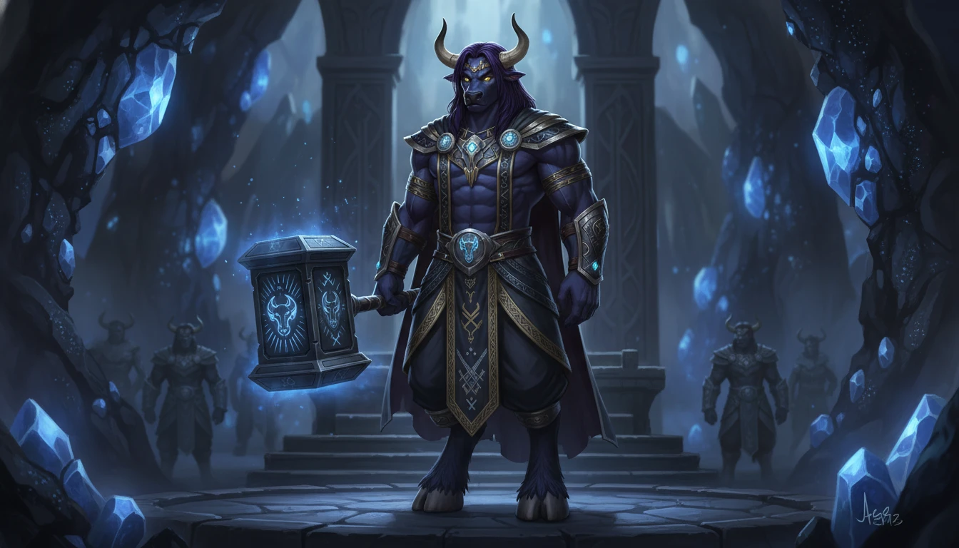 Regal dark blue minotaur king with war hammer and royal robes