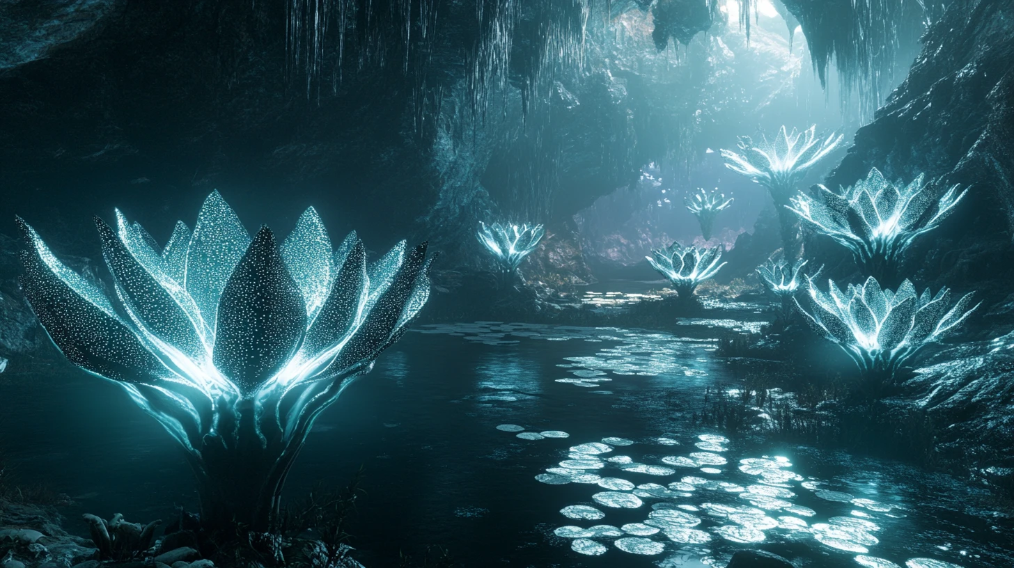 Vast alien garden wired with glowing neural flower networks